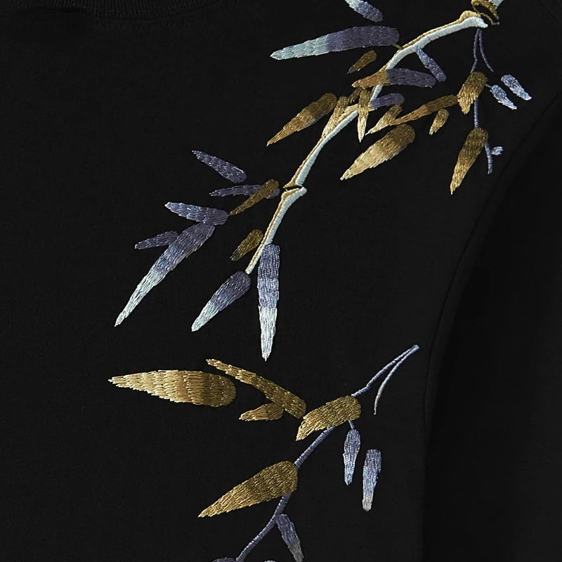 Embroidery tranquil bamboo branch T-shirt