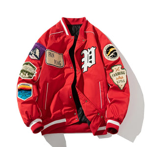 "Fanming" style varsity baseball jacket