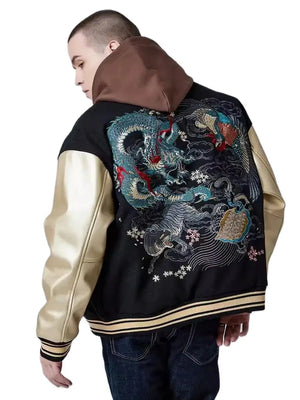 Premium dragon tattoo embroidery baseball jacket