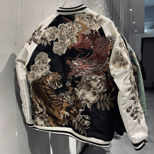 Hyper premium embroidery fire dragon fierce tiger sukajan souvenir jacket