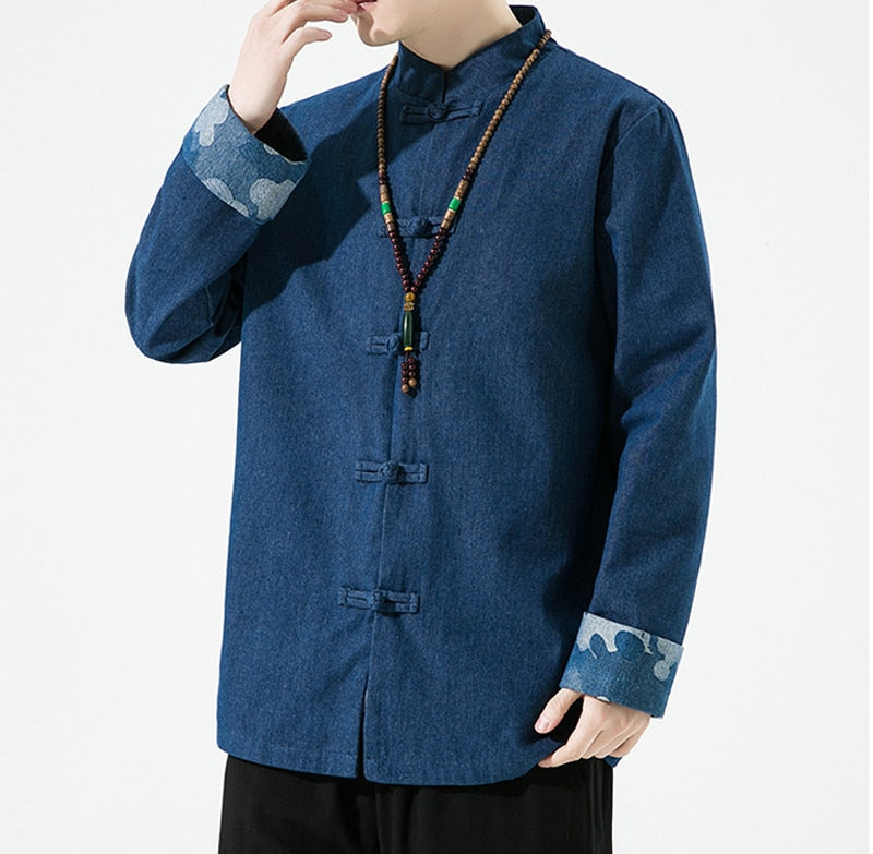 Denim Tang Dynasty wave design cuff jacket