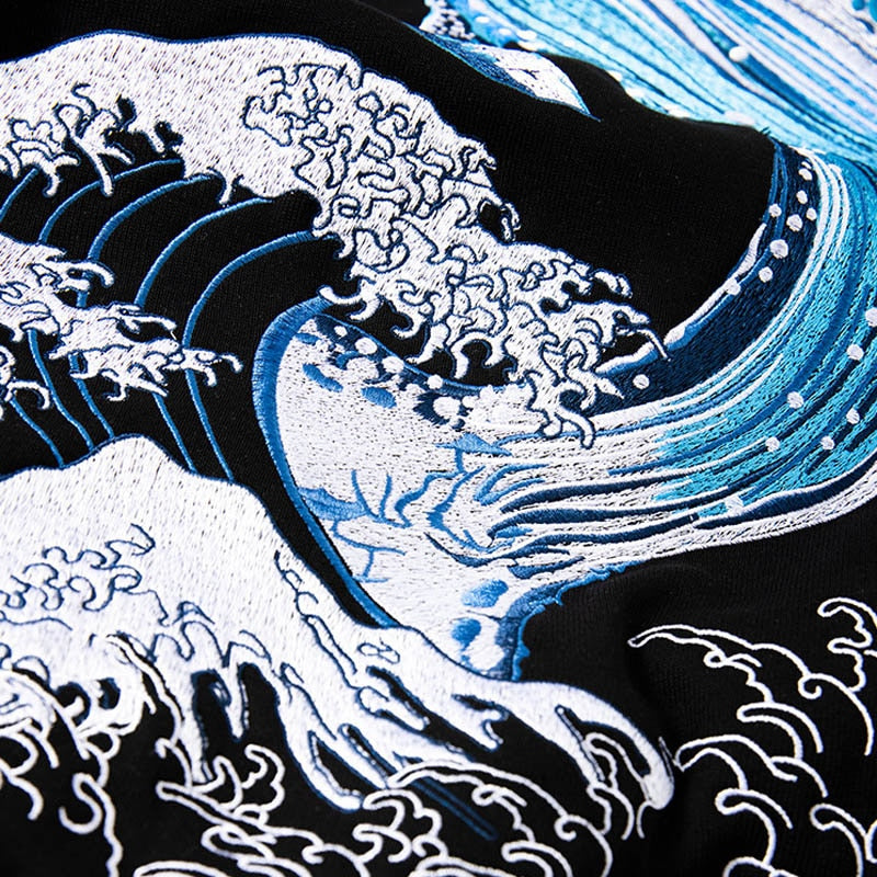 Blue whale tsunami embroidery baseball jacket