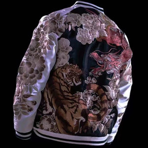 Hyper premium embroidery fire dragon fierce tiger sukajan souvenir jacket
