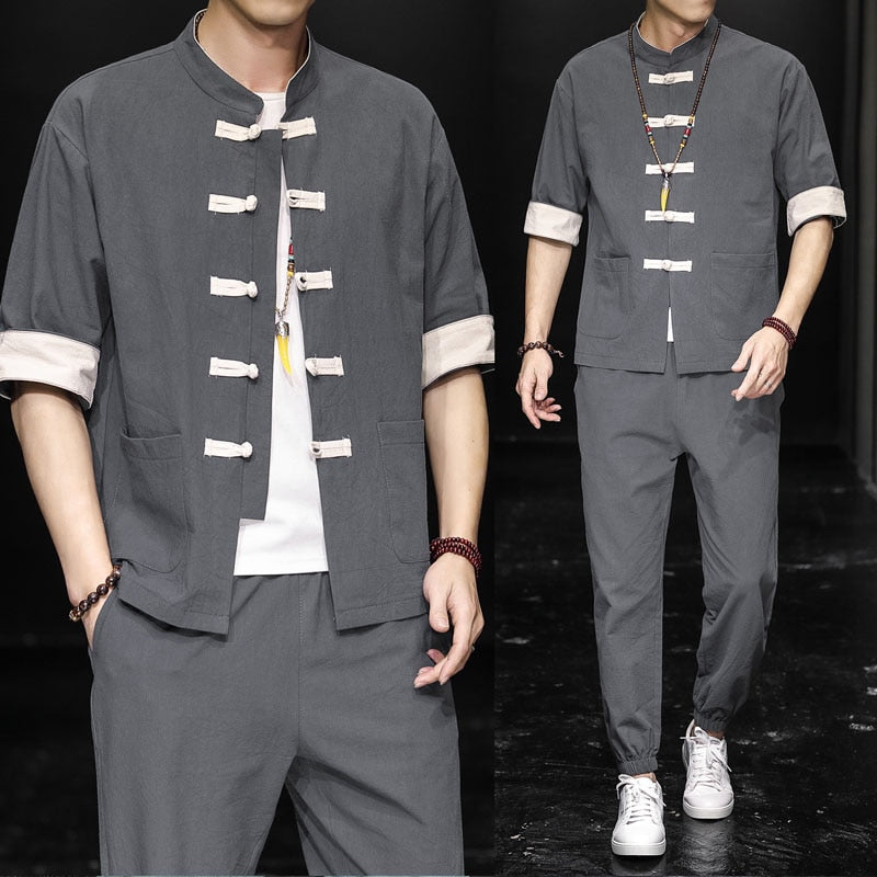 Solid style Chinese Tang shirt + pants set