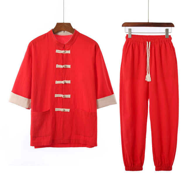 Solid style Chinese Tang shirt + pants set