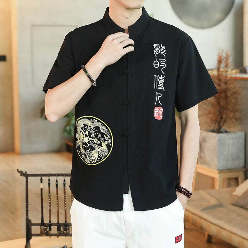 Dragon stamp button down short sleeve shirt