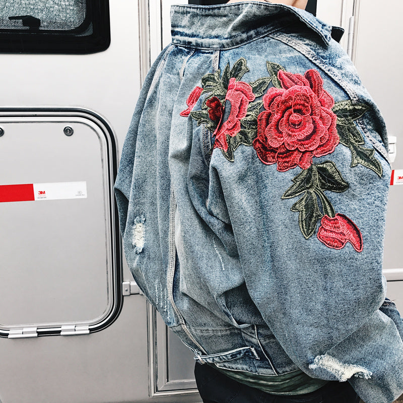 Rose petal embroidery denim jacket