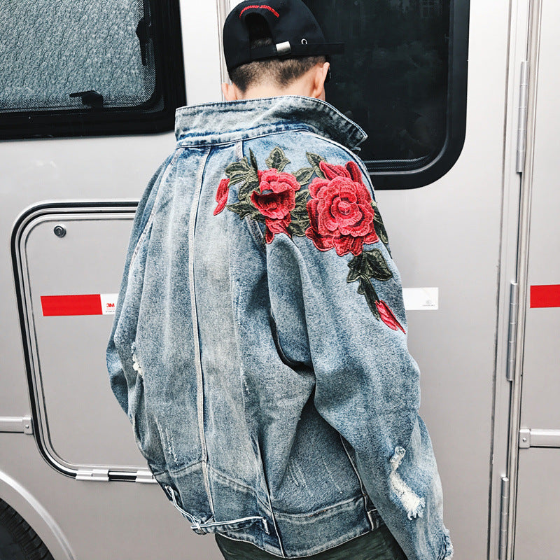 Rose petal embroidery denim jacket