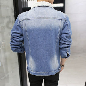 Fleece lined patched vintage denim jacket