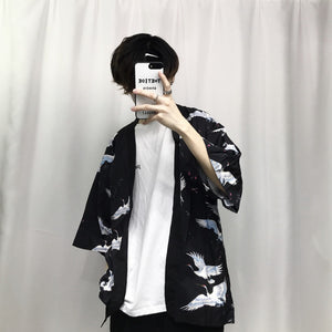 White crane Japanese kimono T-shirt