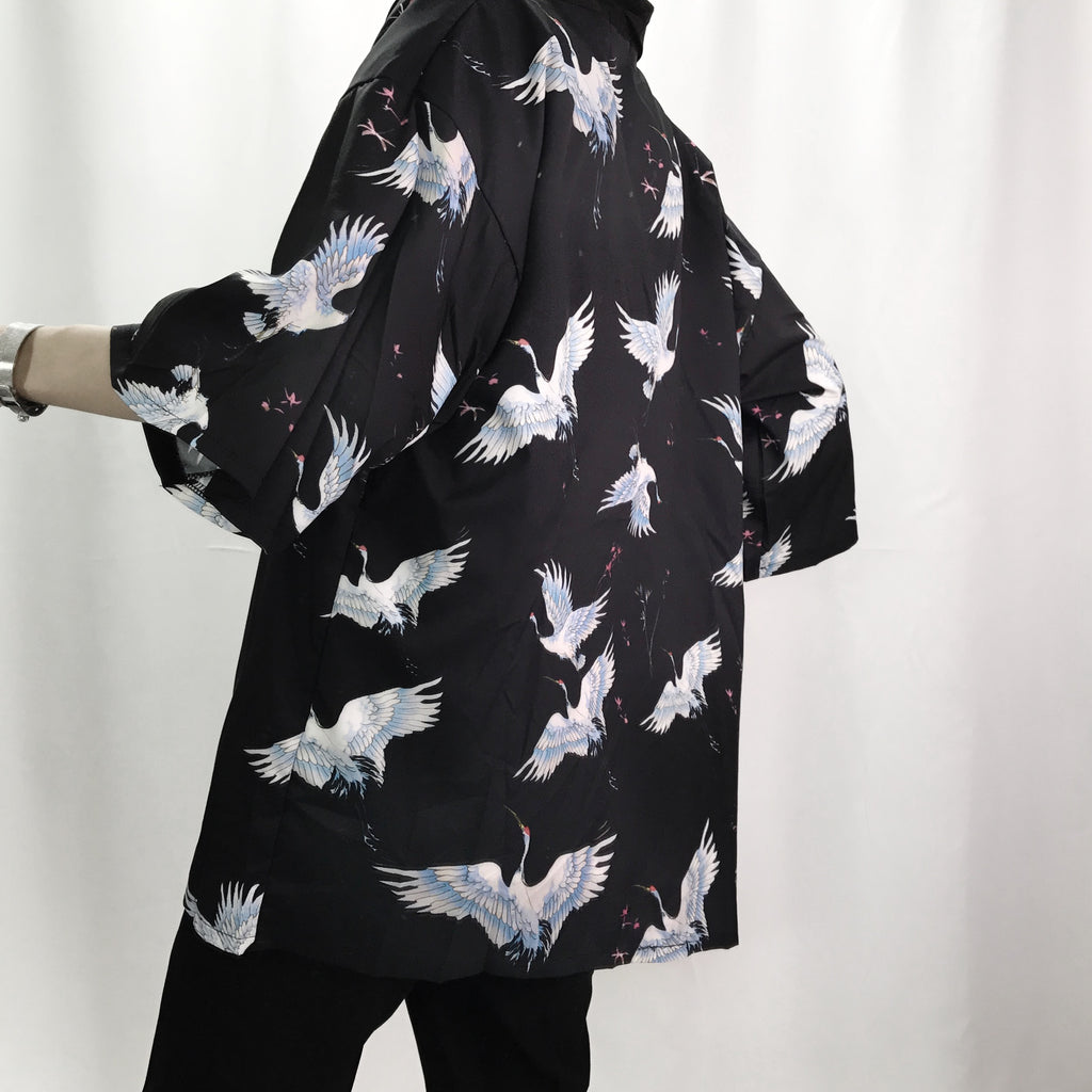 White crane Japanese kimono T-shirt